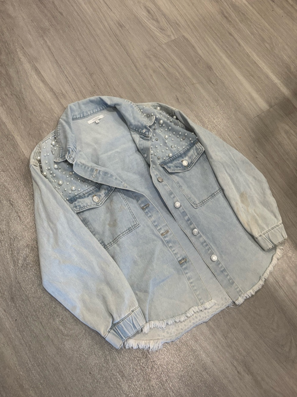 Light Wash Pearl-Embellished Denim Jacket for Women - Picture 2 of 4